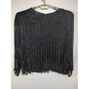 Vintage Gunit Women Blouse Beaded Sequin Rayon Black Regular Fit 14 80s Evening
